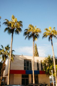 Photo by UMUT 🆁🅰🆆 A modern building with tall palm trees and a vibrant sky, captured in daylight.