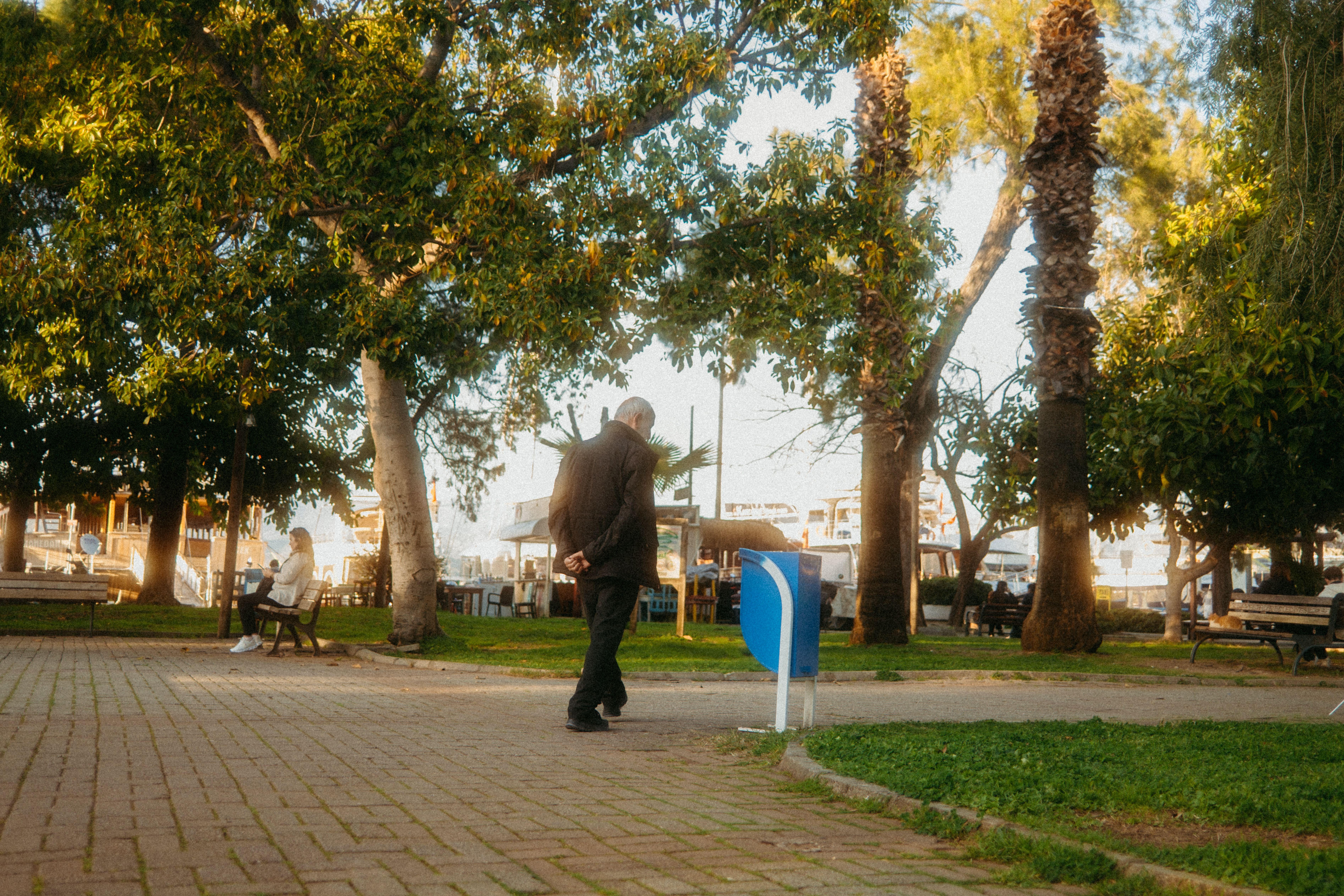 A peaceful park setting with people relaxing and enjoying the sunny day.