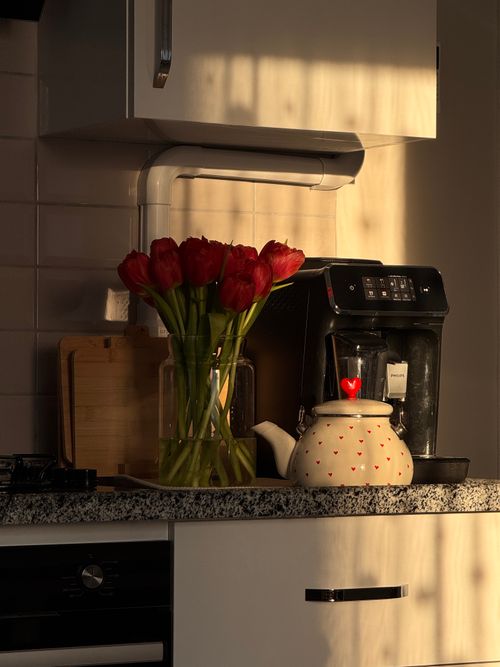 Free Warm kitchen scene with tulips, teapot, and coffee maker illuminated by sunlight. Stock Photo