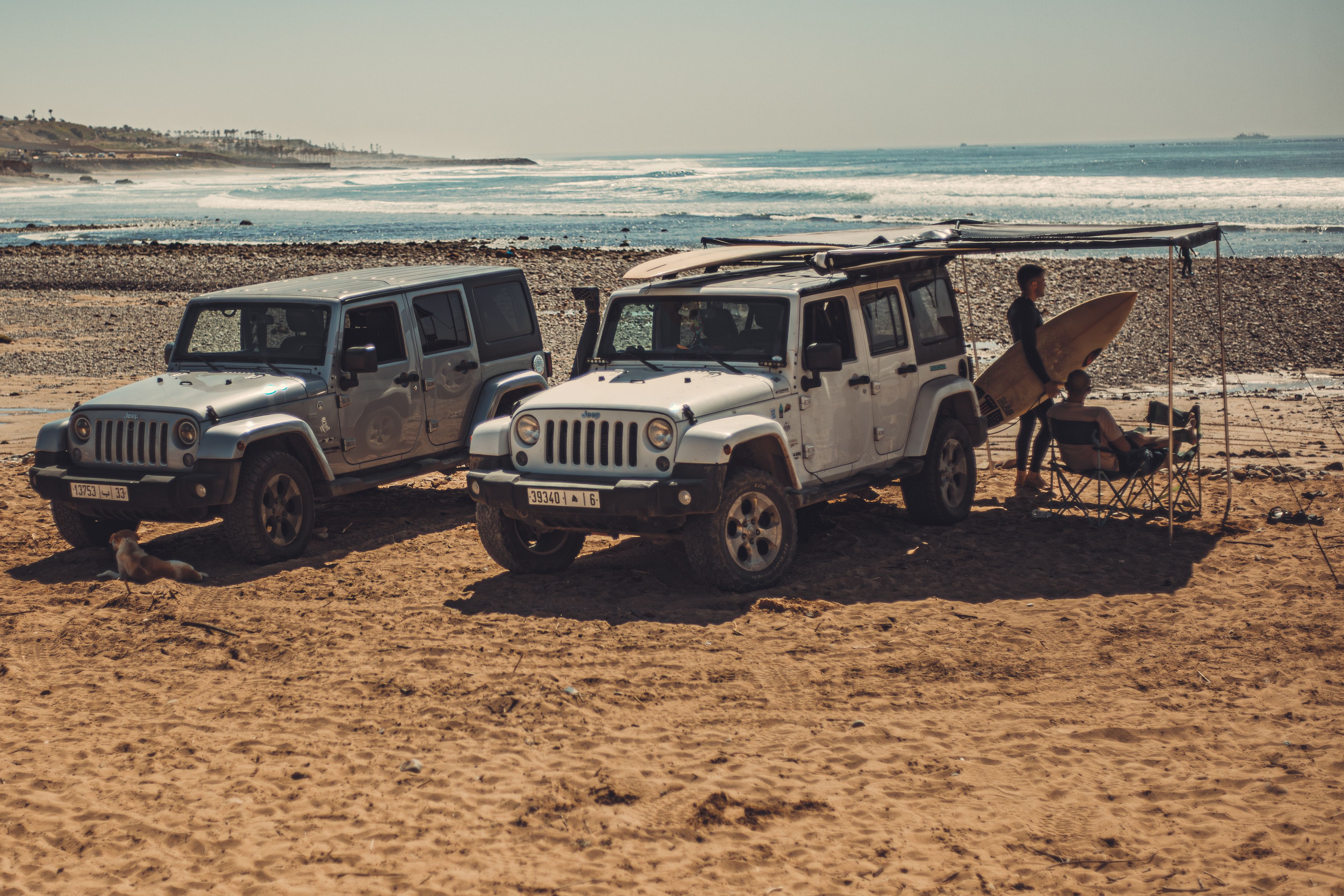 Jeep vehicles and surfers on a sunny beach day, capturing adventure.