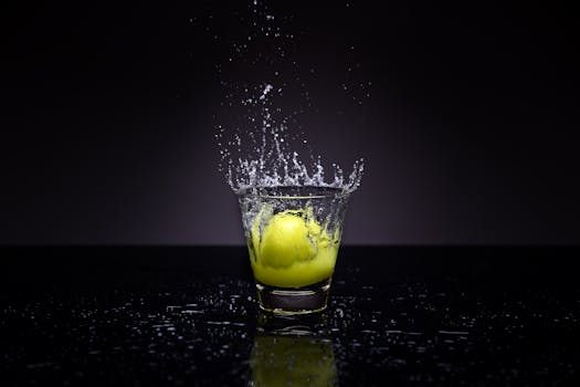 在黑暗背景中，一个柠檬飞溅入一杯水中