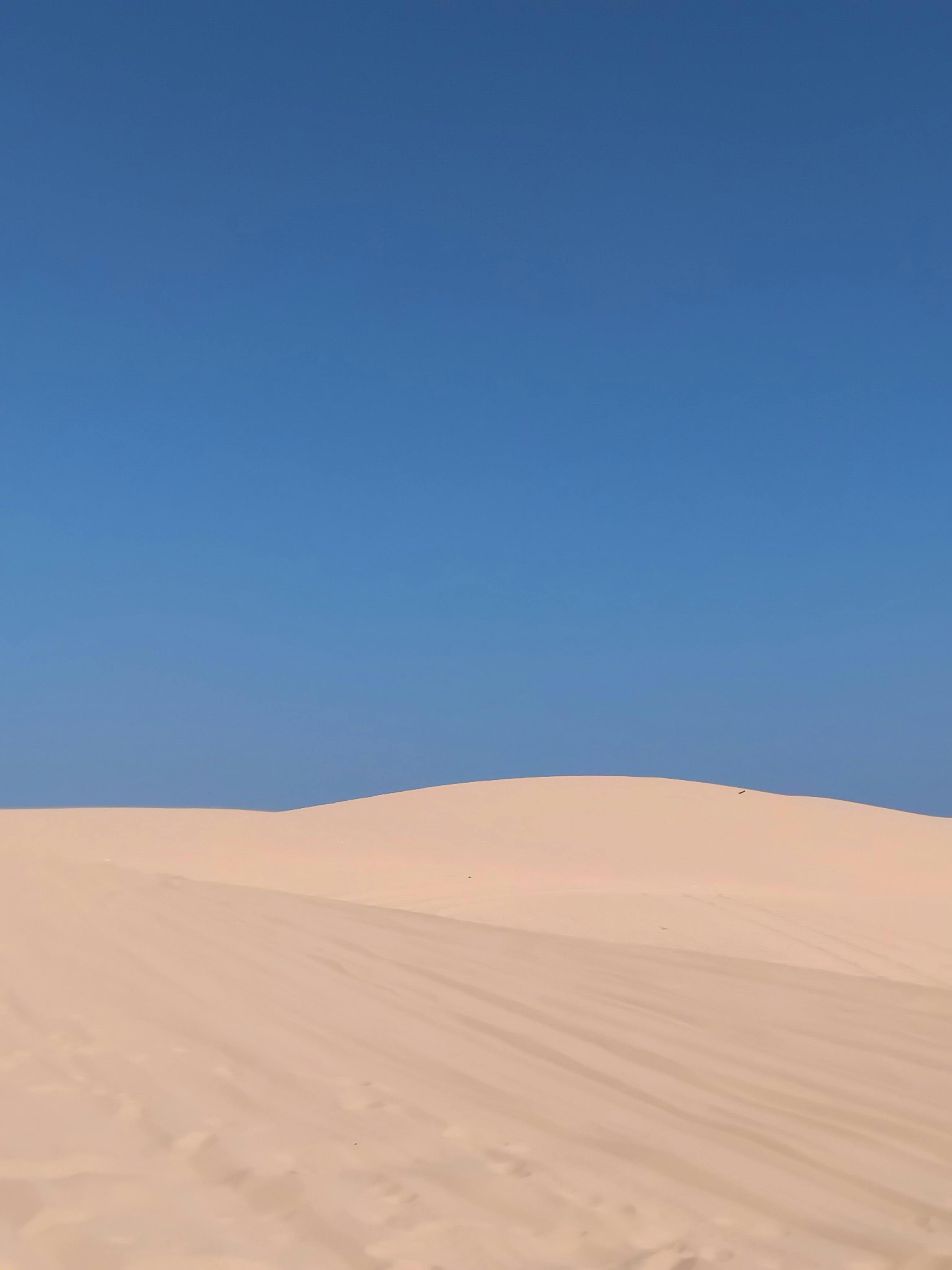 grátis Vasta paisagem desértica com suaves dunas de areia e um céu azul sem nuvens, simbolizando tranquilidade. Foto profissional