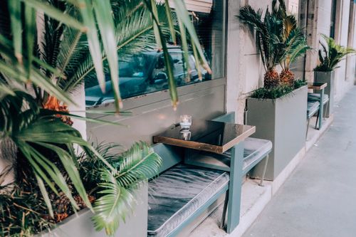 Free Elegant outdoor cafe seating area with palm plants and glass-topped tables on a sunny day. Stock Photo