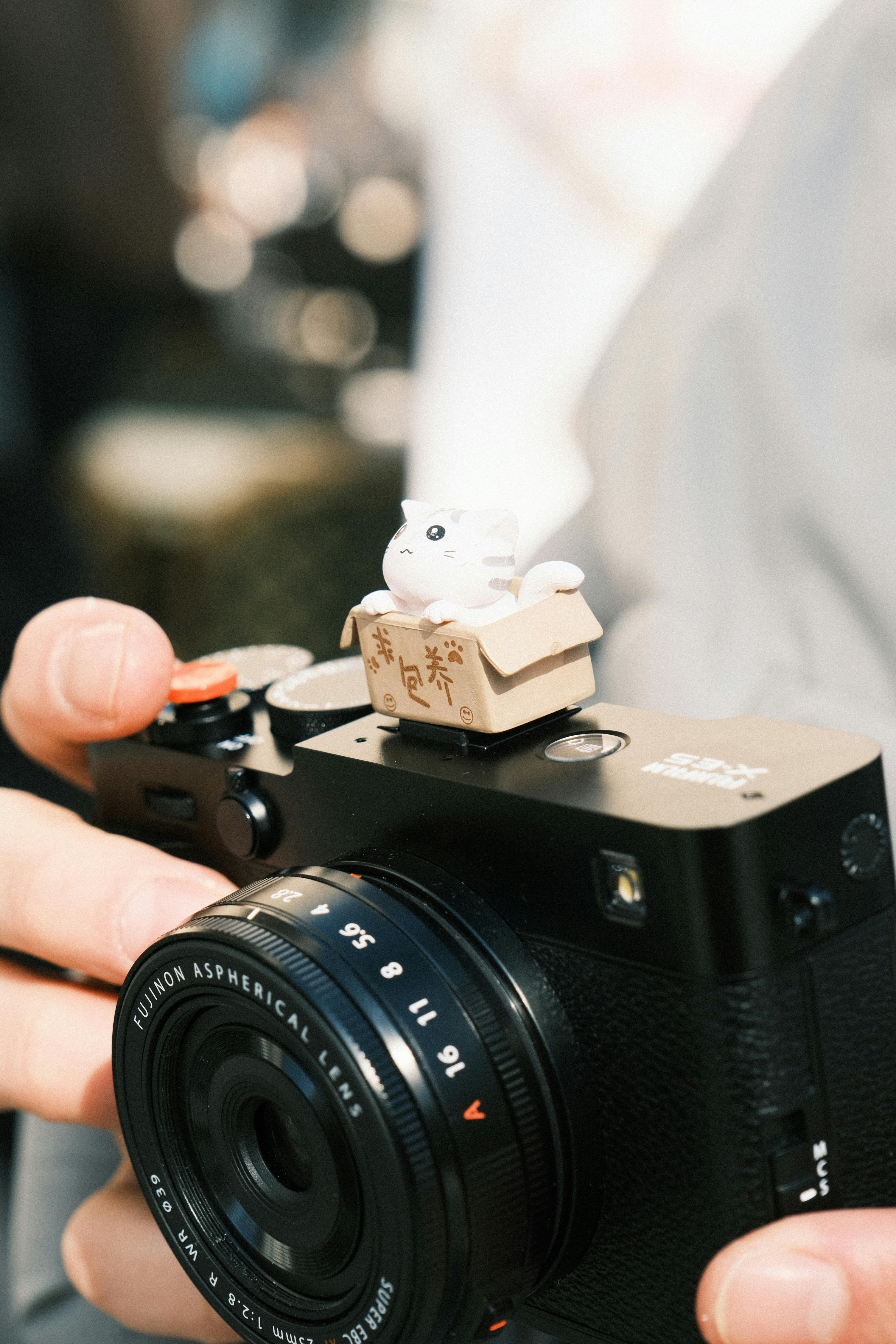 Close-up of a person holding a Fuji camera with a cute cat figurine on it, outdoors.