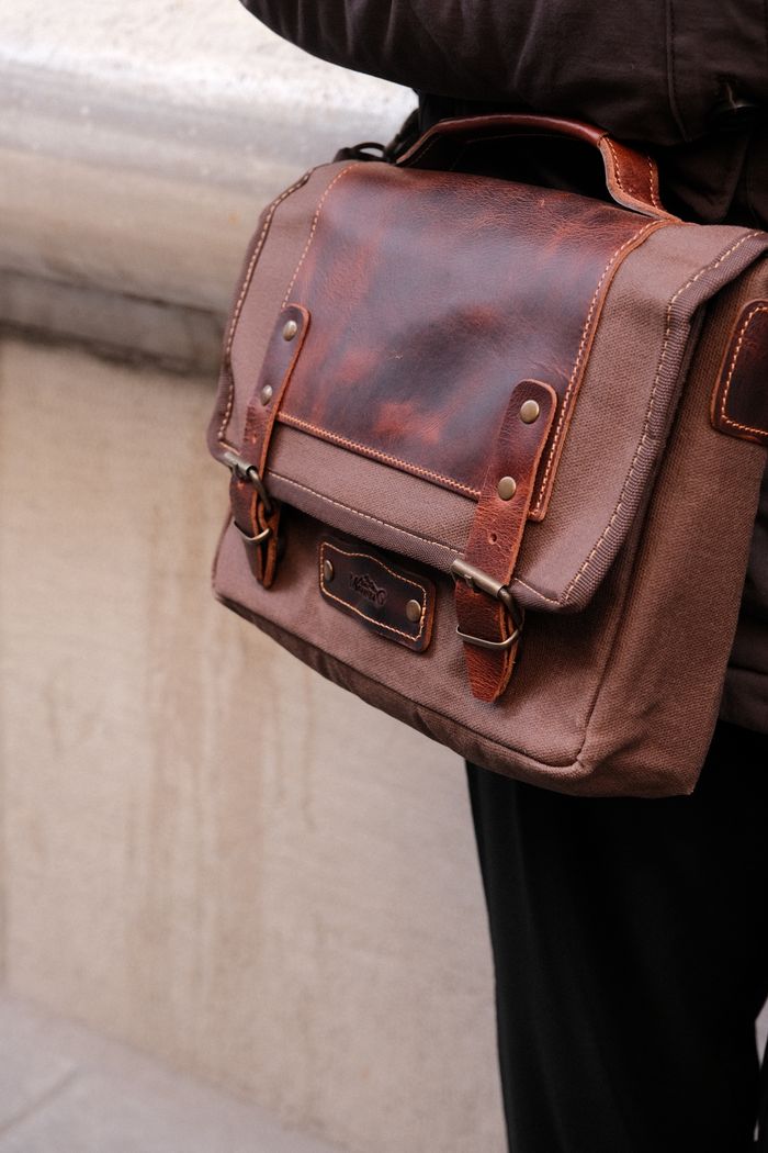 Leather and canvas satchel bag
