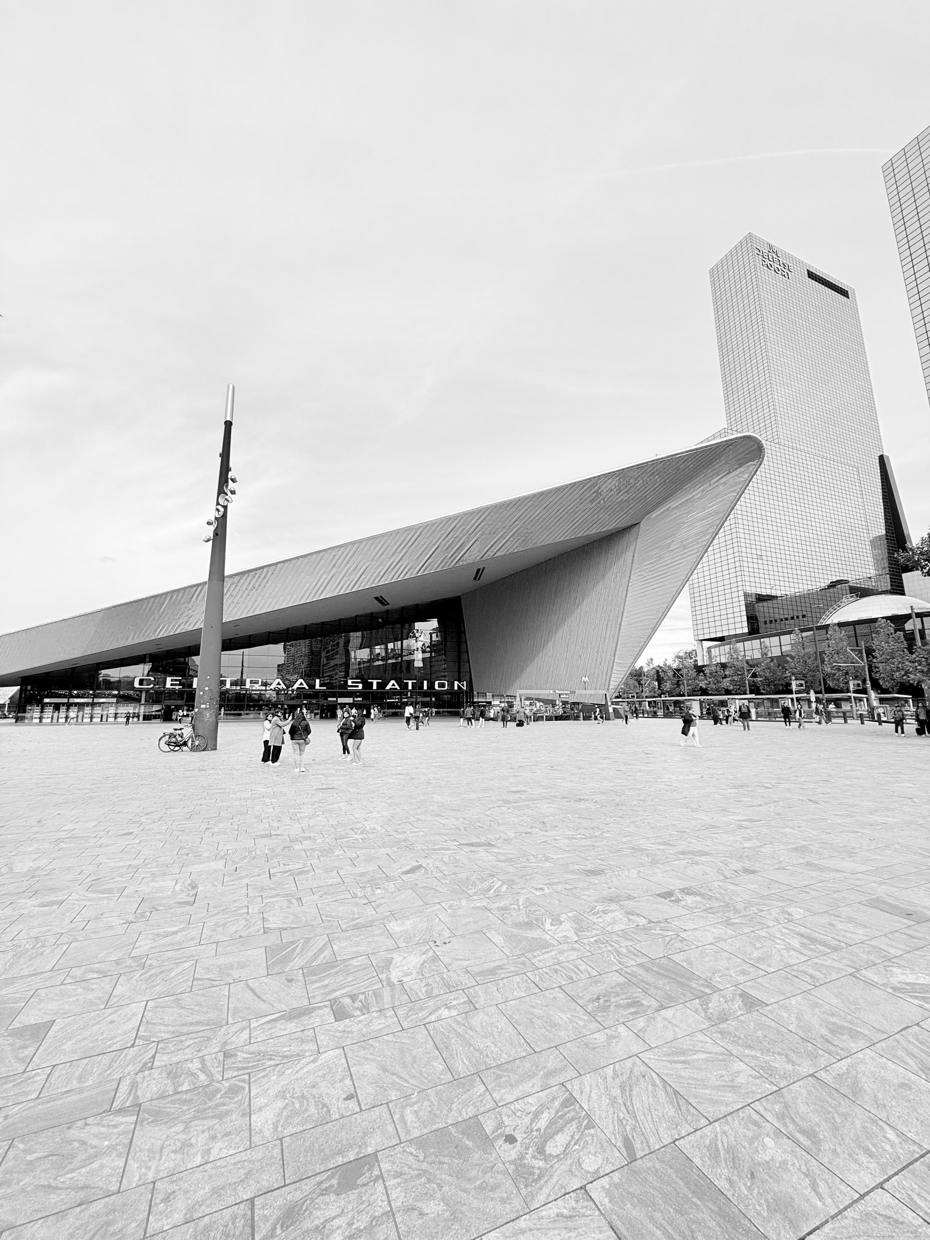 Elegante zwart-witfoto van Rotterdam Centraal Station.