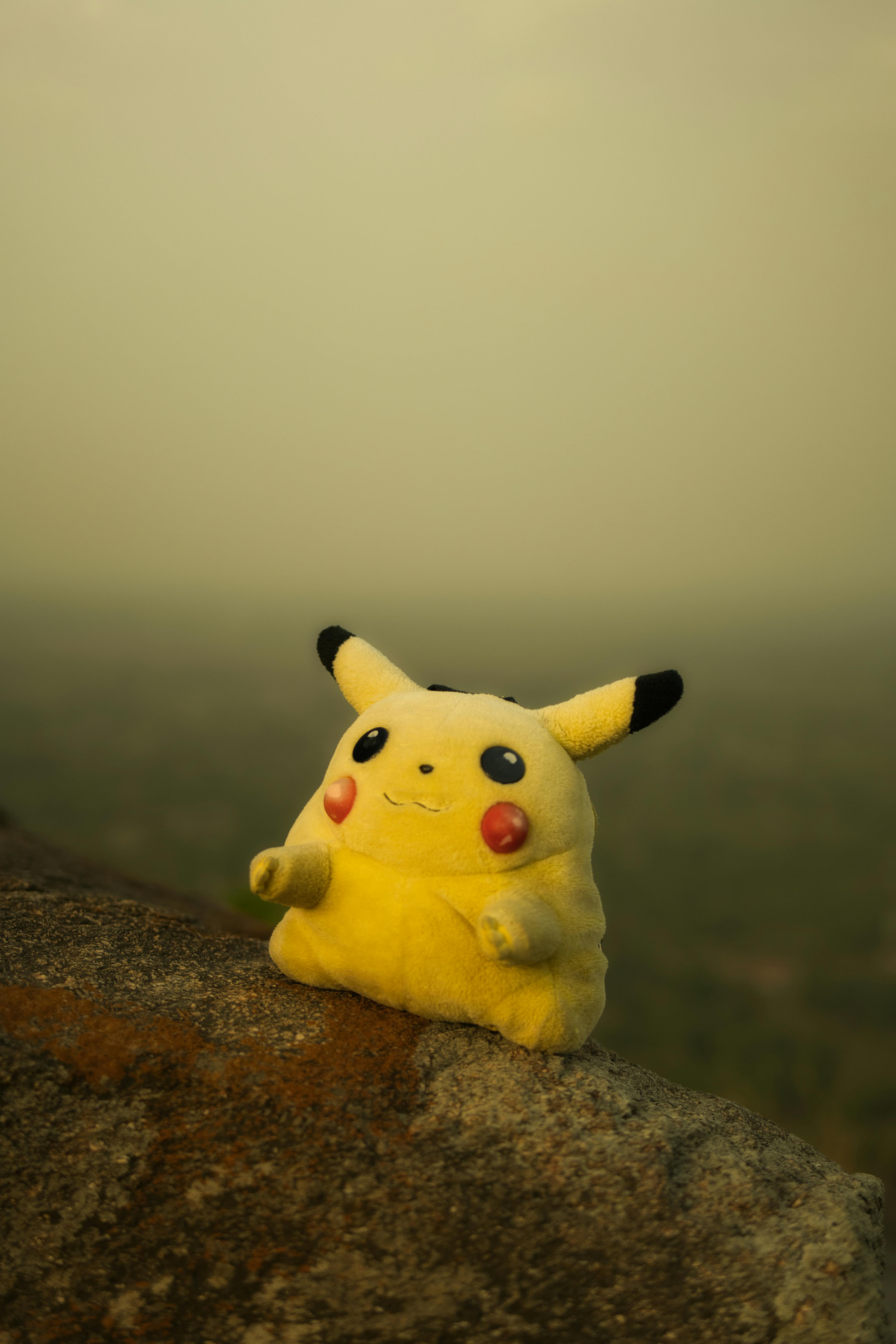 Gratis Gul Pikachu plyslegetøj sidder på en sten med en sløret naturlig baggrund. Lagerfoto
