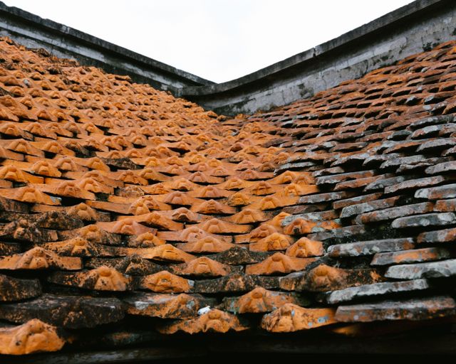 Weathered clay roof tiles Close-up of overlapping orange clay roof tiles showing age and texture