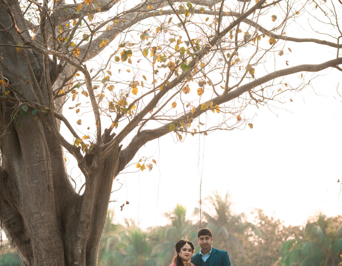 Couple in traditional attire posing under a tree