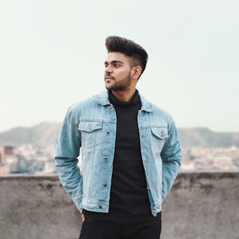 一名身穿牛仔夹克的时髦年轻男性模特，以都市风景为背景，展现现代时尚