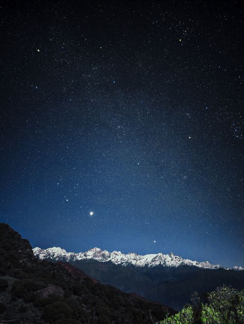 Free Stunning starry night sky above snow-capped Himalayan mountains in Nepal. Stock Photo
