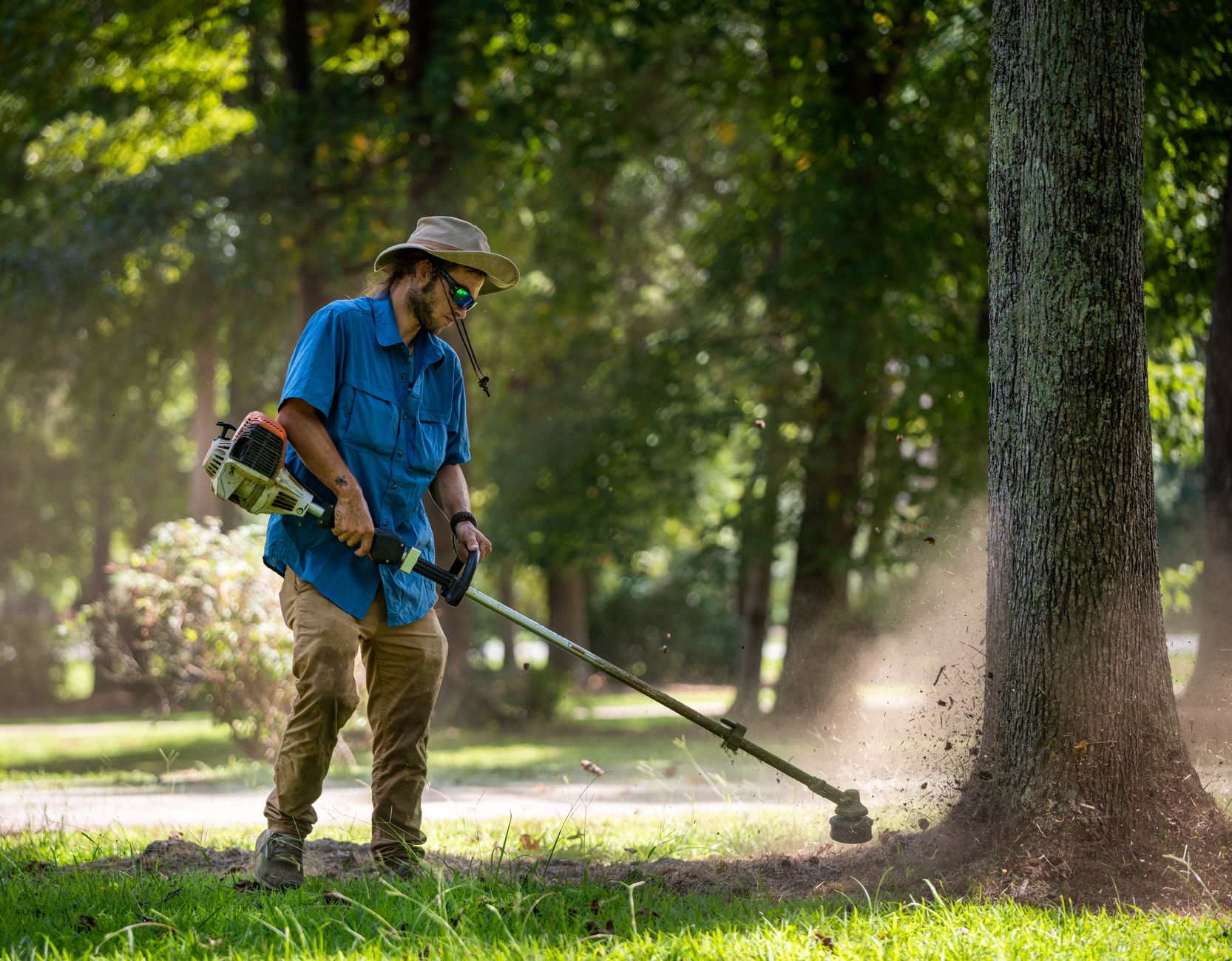 A gardener using a trimmer to maintain the lawn around a tree in a sunny park setting.