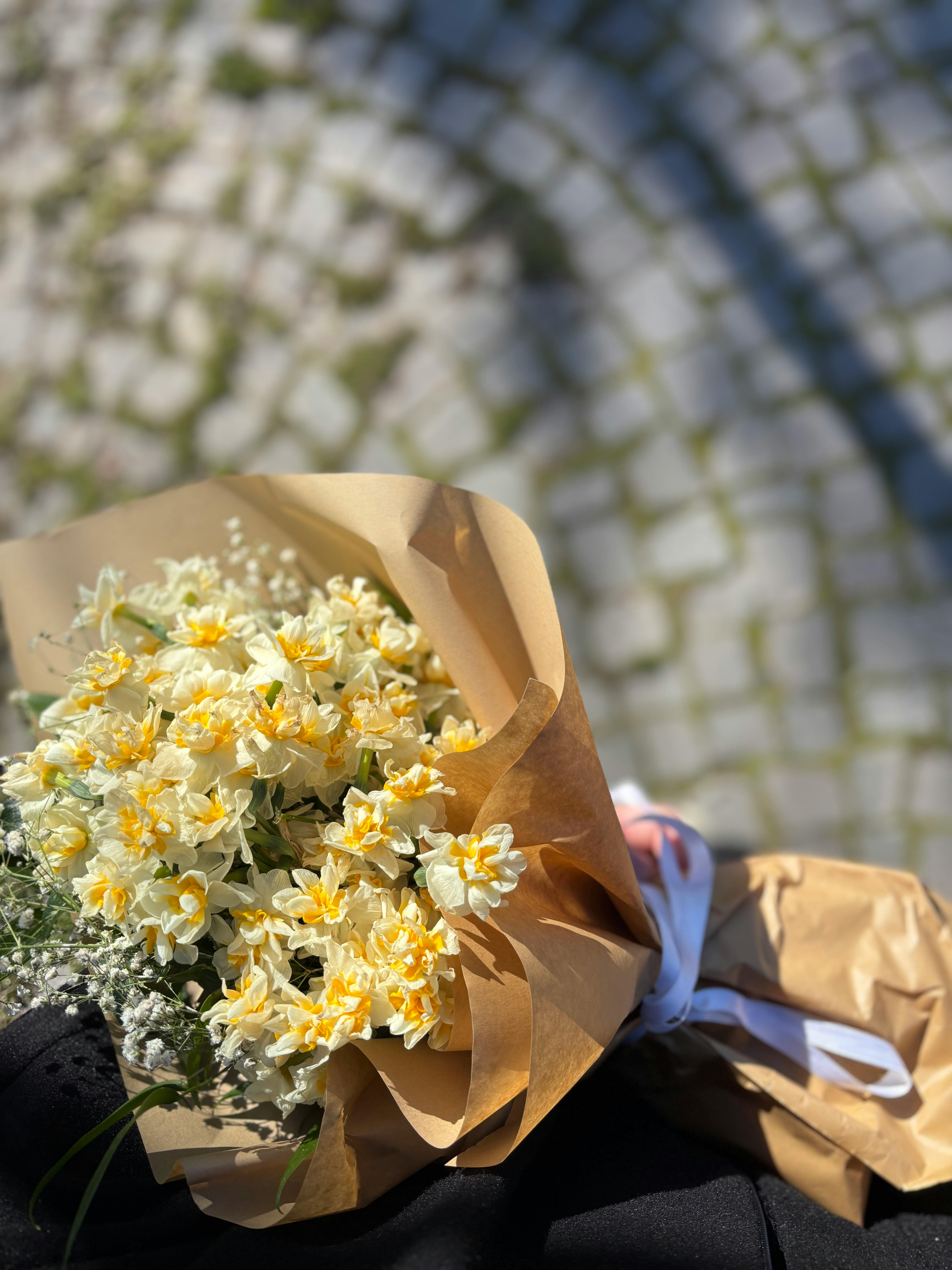 [ColoSach]-beautiful-bouquet-of-yellow-daffodils-wrapped-in-brown-paper,-held-outdoors-on-a-sunny-day.