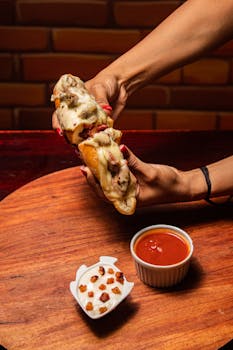Cheesy sandwich held over wooden table with dipping sauce and toppings.