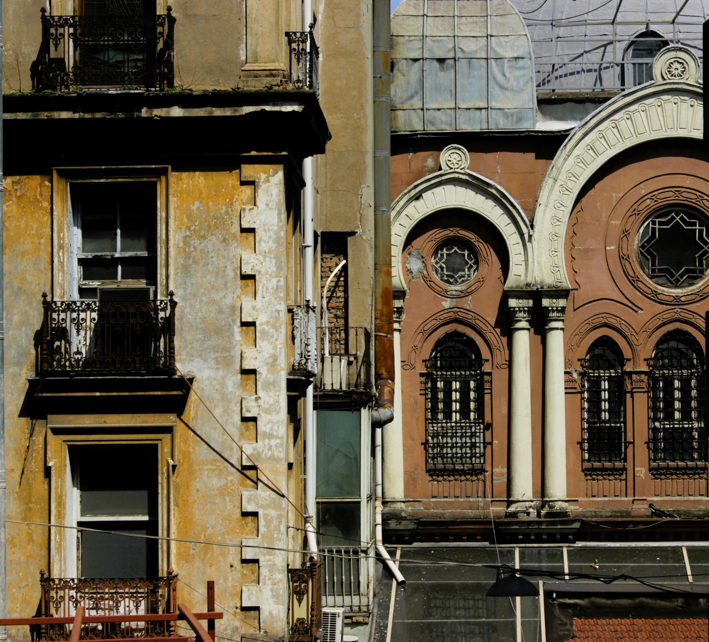 Detailed view of urban architectural facades with ornate design elements.