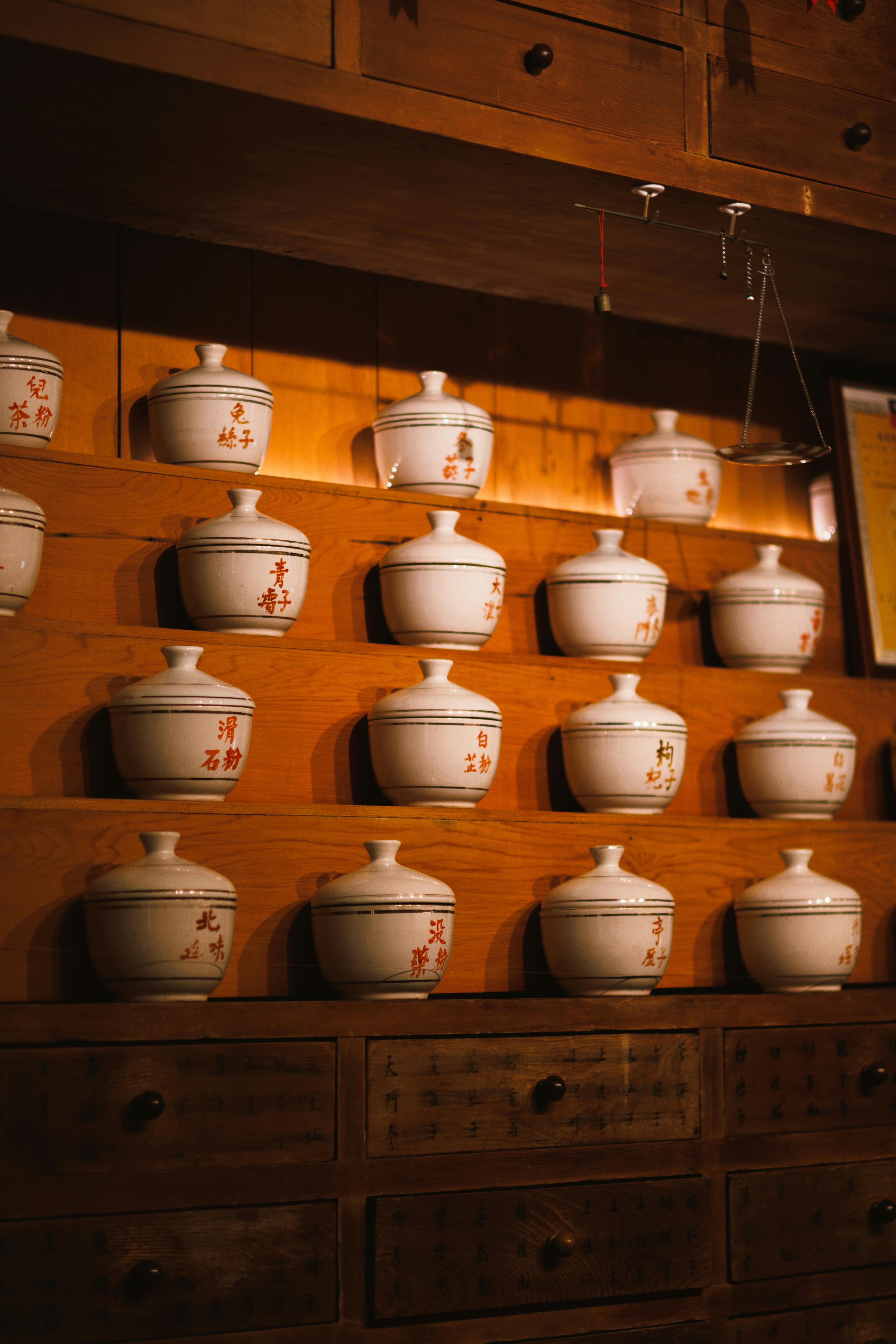 Traditional Apothecary Jars in Dimly Lit Shop