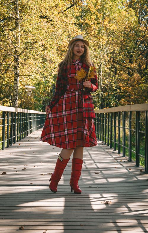 Free Woman in red plaid holding leaves on a sunlit bridge surrounded by fall foliage. Stock Photo