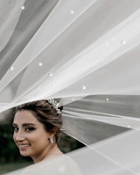 Beautiful bride with a pearl-studded veil and elegant hairstyle