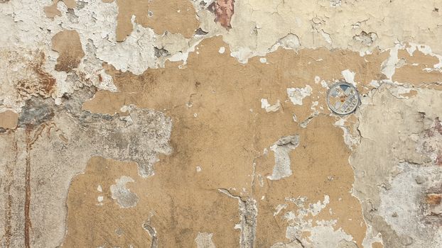 Close-up view of a vintage, weathered wall with peeling paint texture.