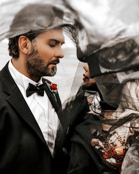 这幅浪漫的肖像描绘了一对身着优雅服装、头披飘逸面纱的夫妇，展现了爱与团结