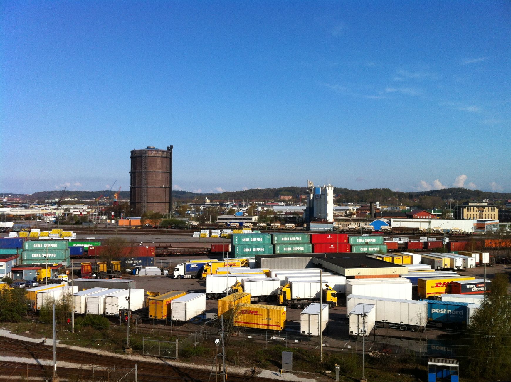 Aerial view of an industrial cargo area in Gothenburg, Sweden, showcasing logistics and transportation.