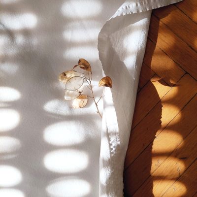 White linen throw with a dried branch on a wood floor — photo by C ' on Pexels