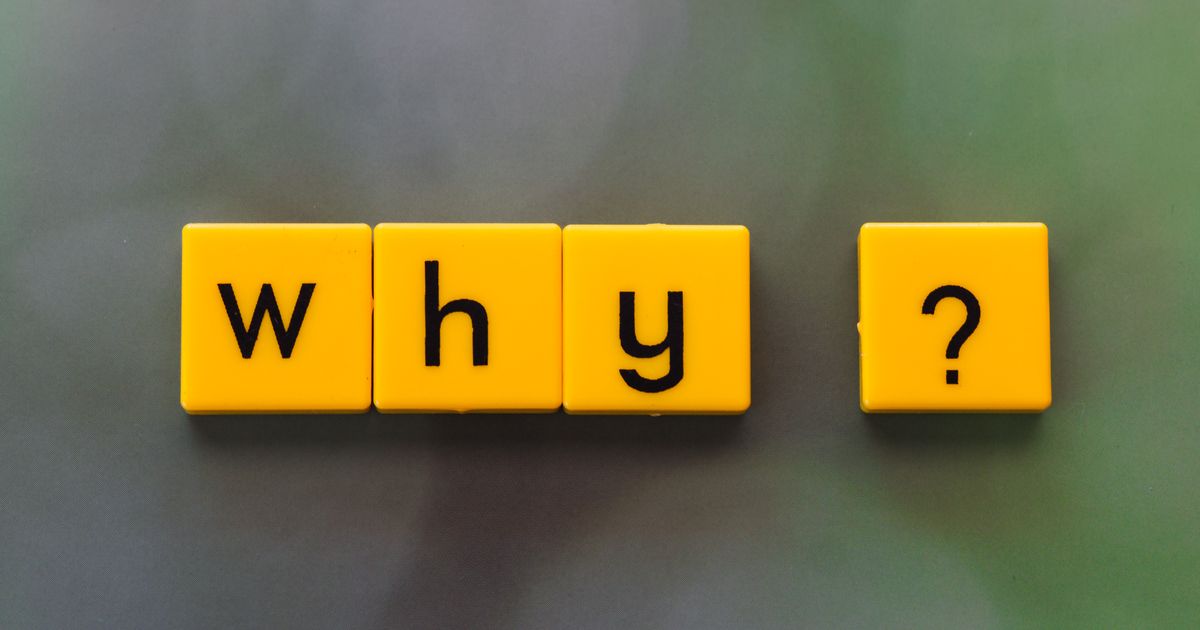 Yellow letter tiles spelling 'why?' on a green blurred background.