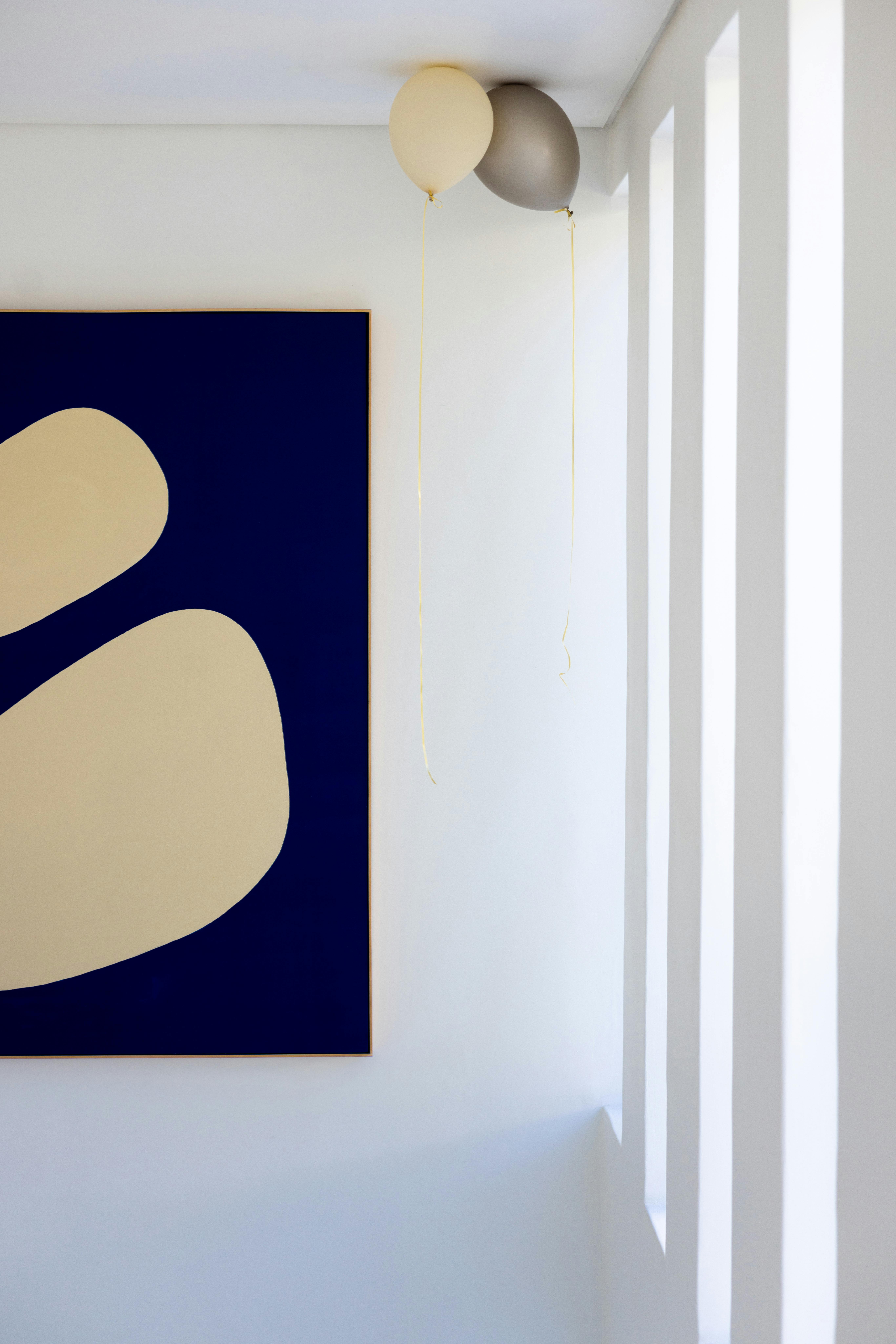 Gratuit Intérieur minimaliste mettant en valeur de l'art abstrait et des ballons flottants baignés d'une lumière vive. Photos