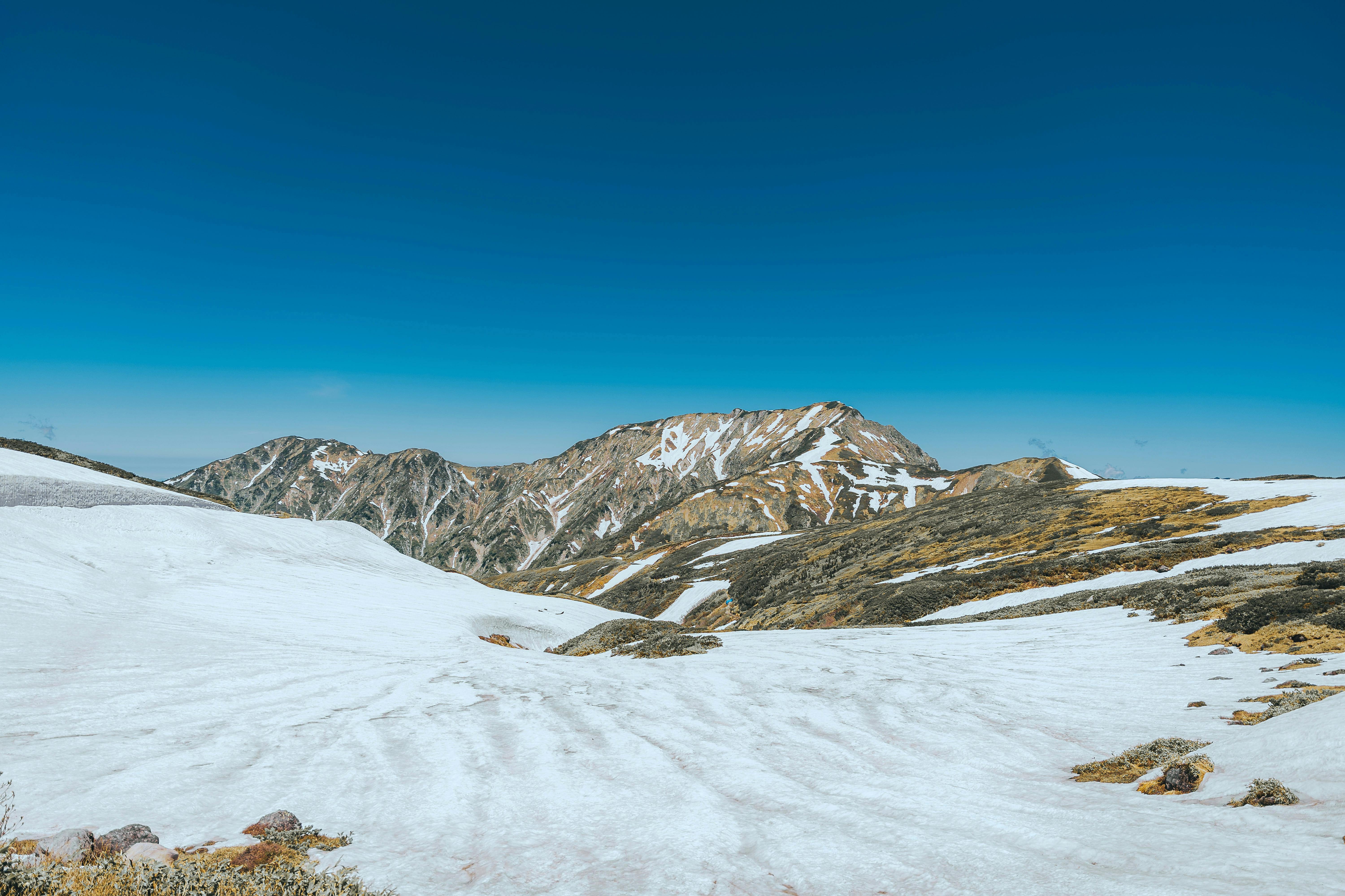 Towering white snow walls flank a winding road with tiny figures at Murodo on the Tateyama Kurobe Alpine Route