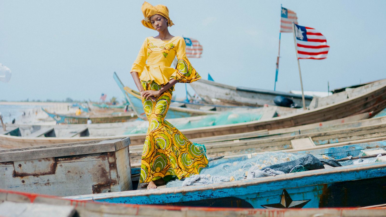 Colorful traditional dress in monrovia harbor, Liberia
