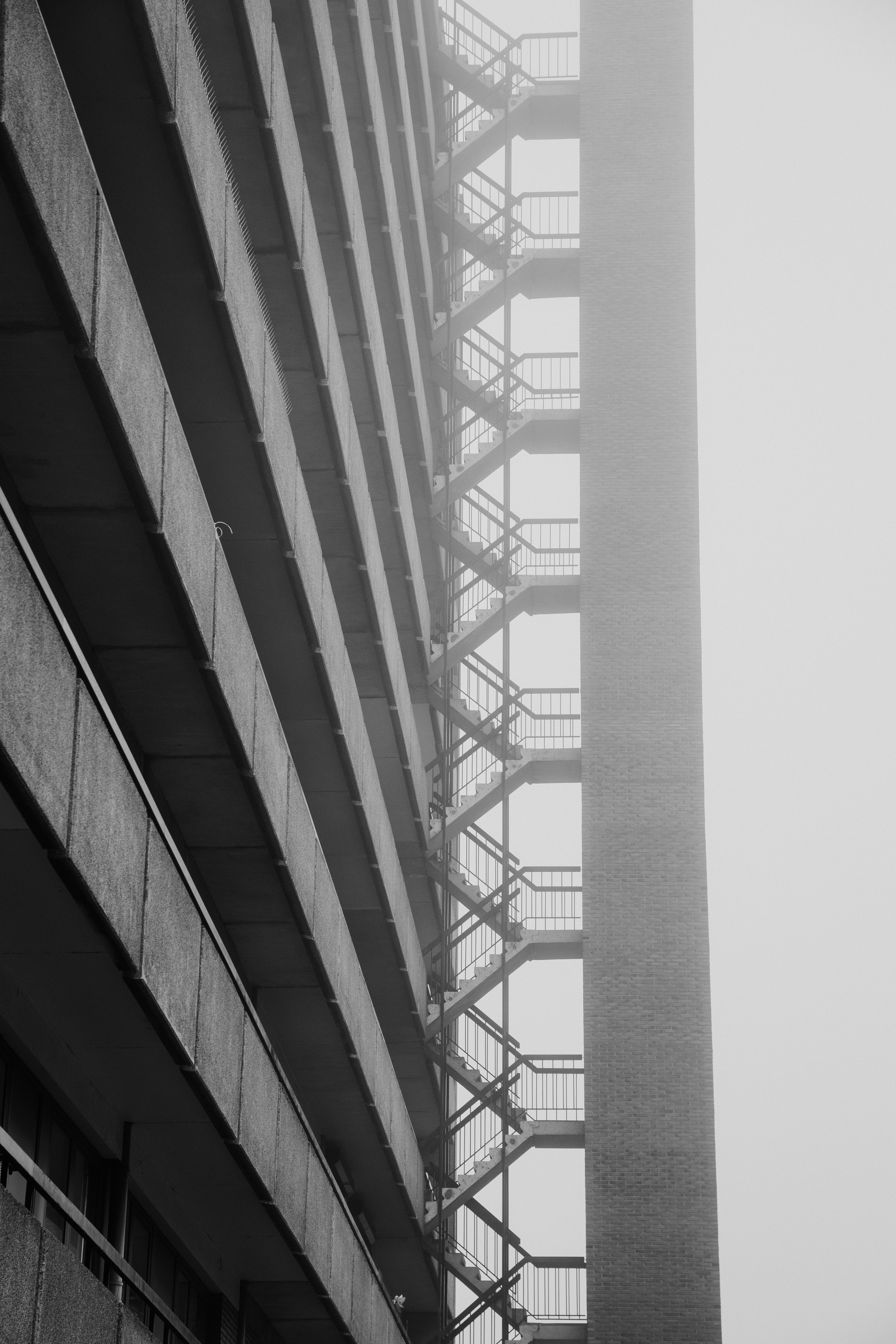 бесплатная Монохромная фотография лестницы в высотном здании в тумане, подчеркивающая ее геометрический дизайн. Стоковое фото