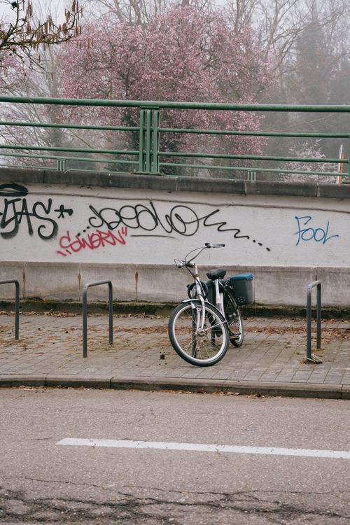Free Bicycle parked in urban Hasselt with graffiti and spring blossoms in the background. Stock Photo