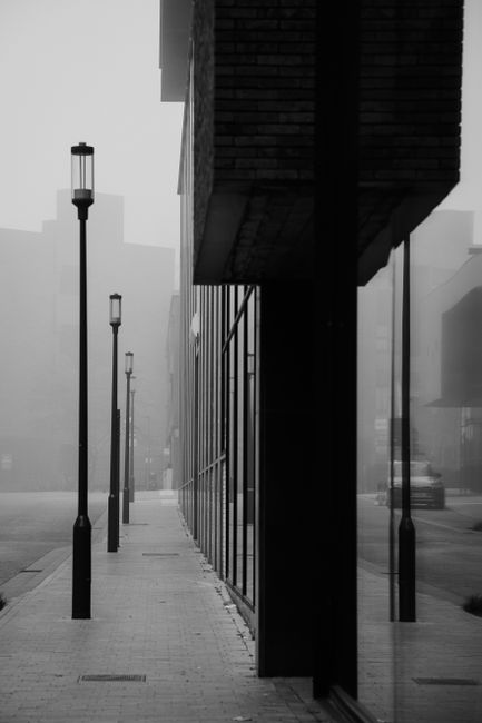 Misty morning view of a quiet urban street in Hasselt with architectural lines.