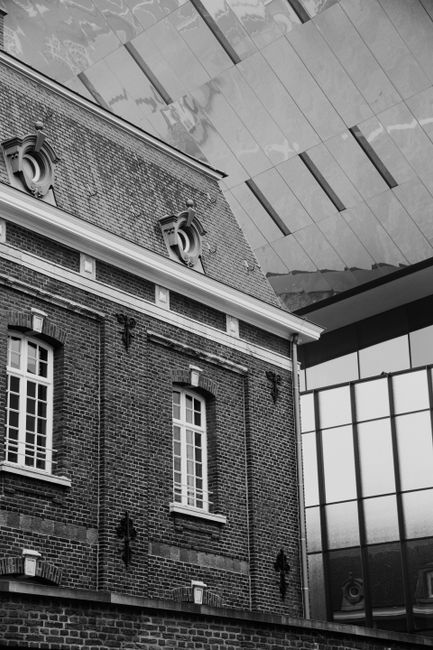 A striking blend of modern and classic buildings in Hasselt, Belgium.