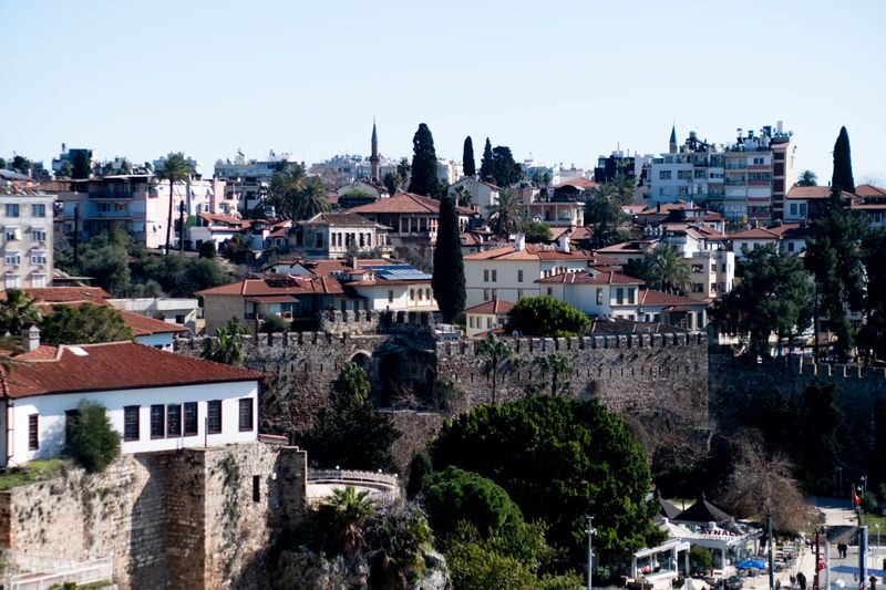 Historic Kaleiçi district rooftops overlooking the Mediterranean in Antalya