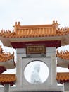 Buddhist Statue Framed by Ornate Pagoda Roof