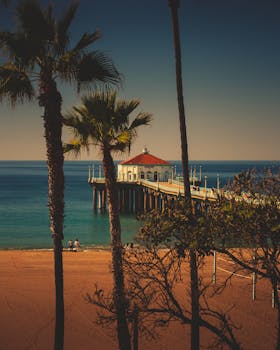 Experience tranquility at a tropical pier with palm trees and calm ocean waves at sunset.