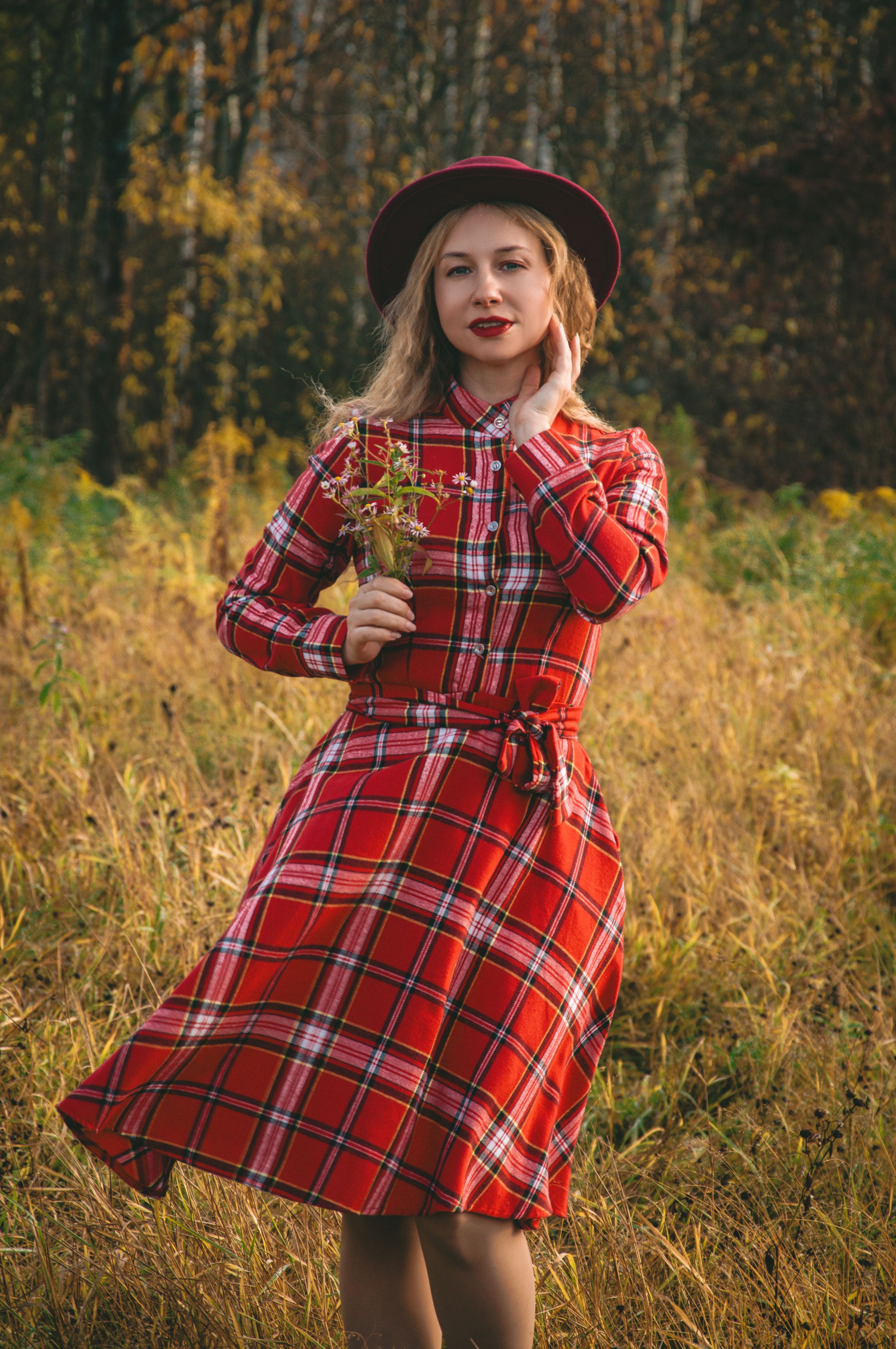 Plaid shirt dress with leather belt
