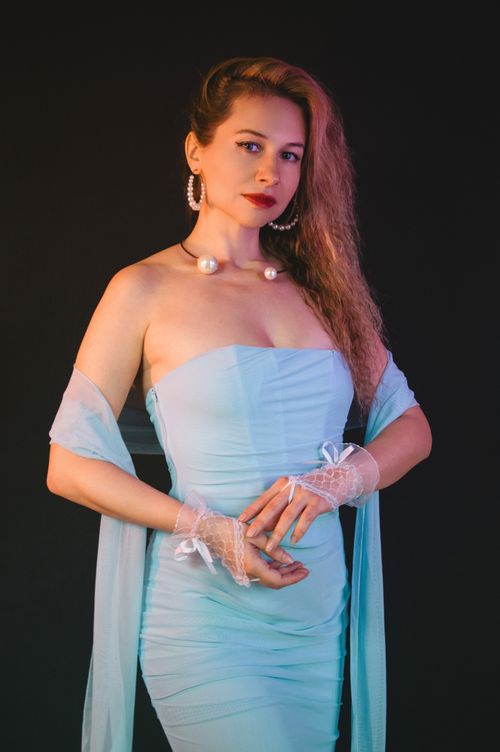 jewelry with light blue dress Elegant Woman in Portrait · Free Stock Photo cybermonday2025 Perfect for spring events Tape for backless dress Color:Stormy Blue