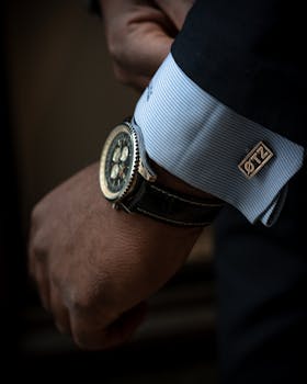 特写镜头聚焦于男士手腕上精致的黑色手表和袖扣，展现出优雅与时尚