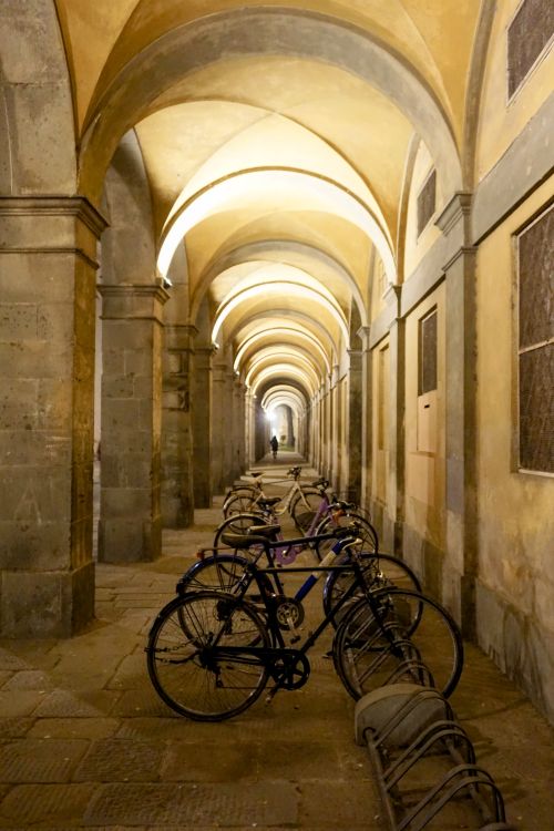 Free Charming archway corridor lined with parked bicycles in Lucca, Tuscany, Italy, during a serene evening. Stock Photo