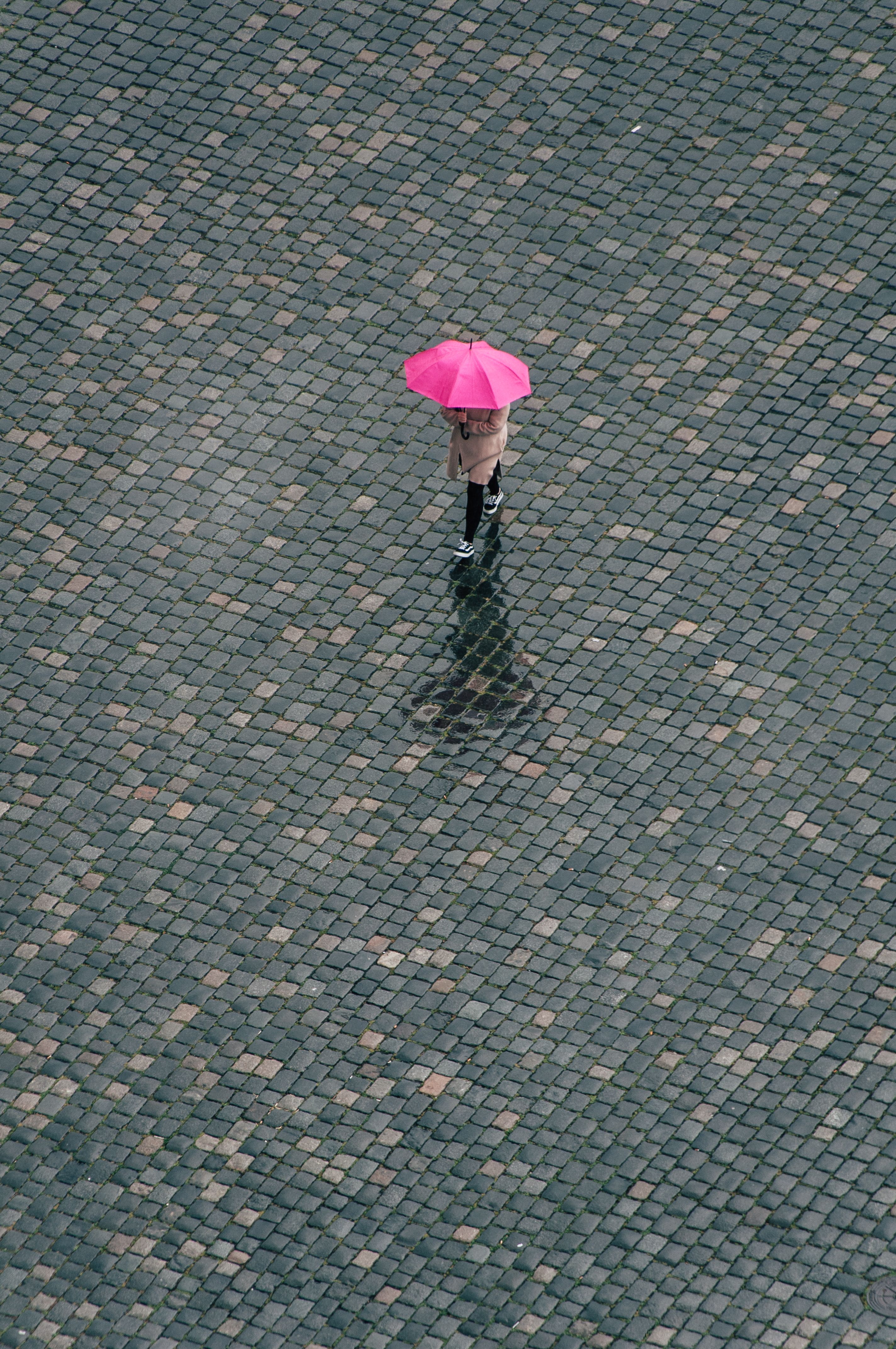 A person stands with a pink umbrella on a wet cobblestone path, captured from above.