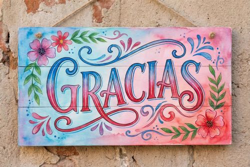 Free Vibrant hand-painted "Gracias" sign with floral patterns enhances rustic wall decor. Stock Photo