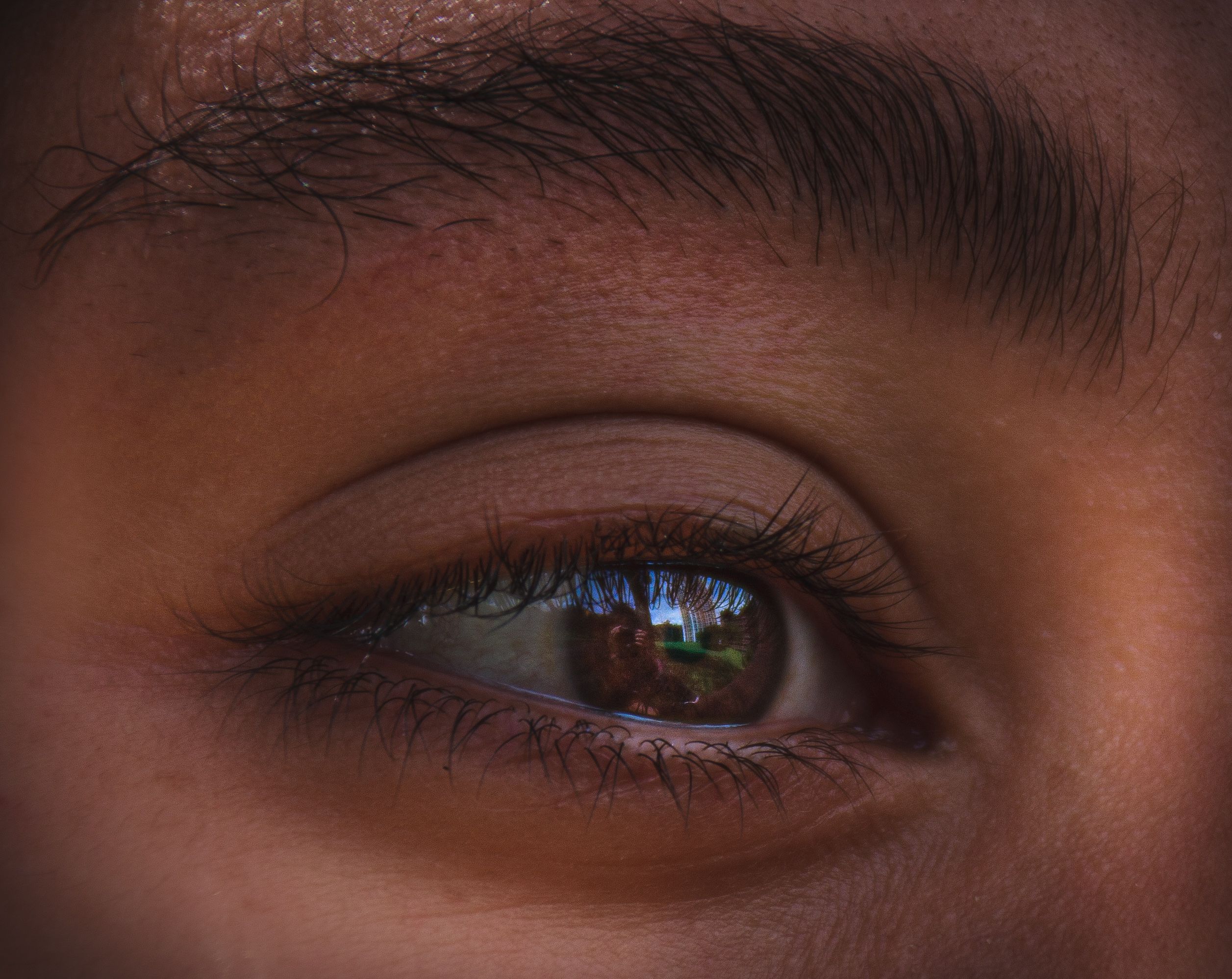 Detailed close-up of a human eye reflecting an outdoor scene, emphasizing visual depth.