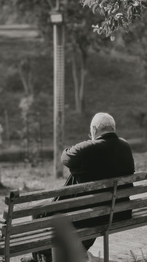 Free A senior man sits alone on a bench, contemplating life in a serene Damascus park. Stock Photo