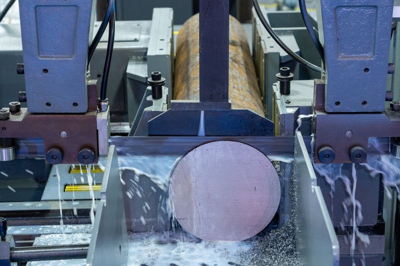 Close-up of an industrial machine cutting a metal rod with precision