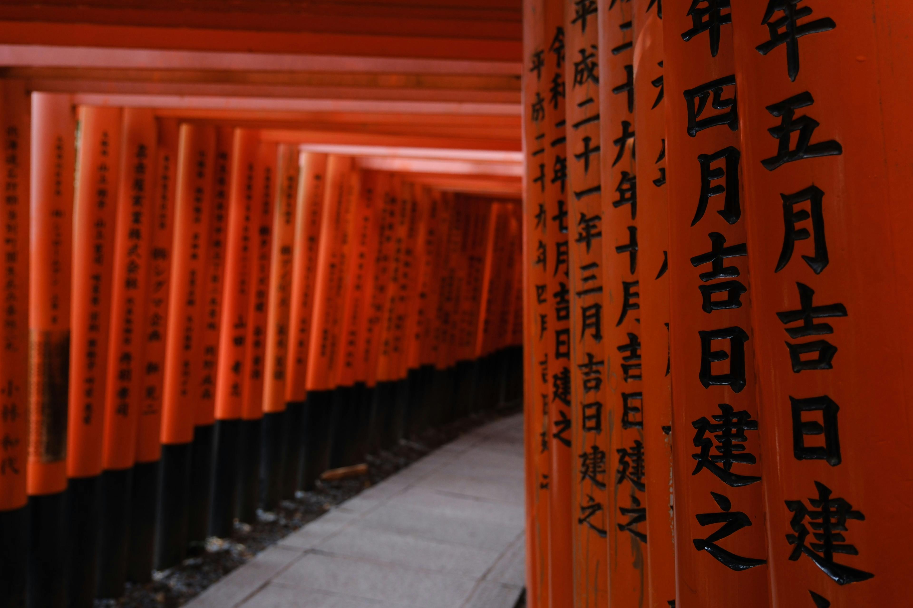 Explore the iconic red torii gates at Fushimi Inari Shrine in Kyoto, Japan.