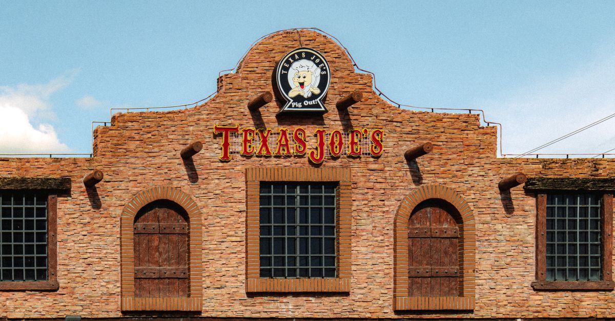 Facade of Texas Joe's BBQ restaurant with rustic brickwork and logo.