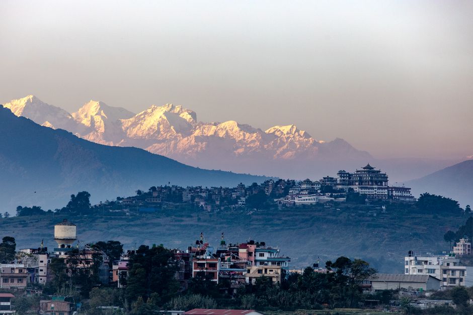 Stunning sunset view of Kathmandu Valley with the Himalayas in the background in Nepal.