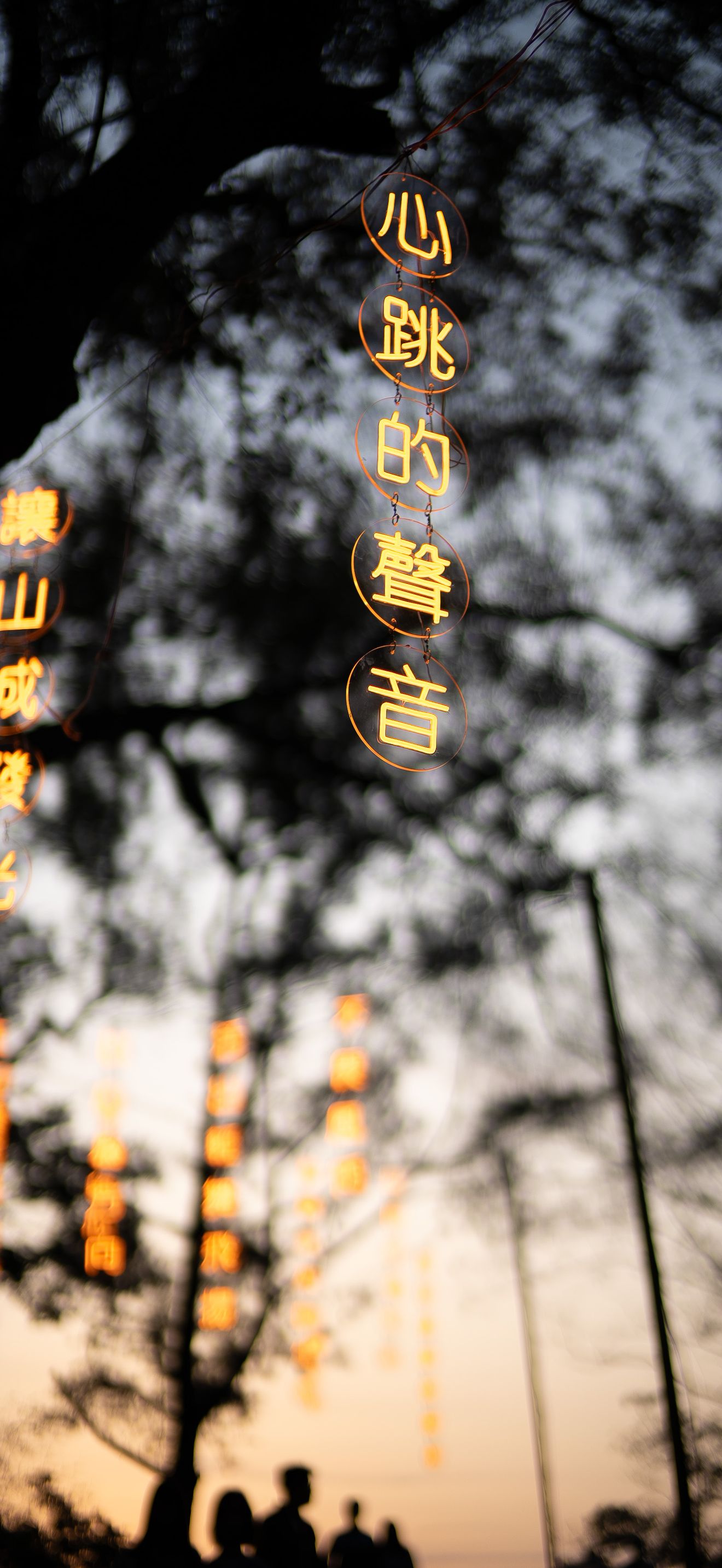 Tree Silhouette With Neon Sign at Twilight Taiwan 4K iPhone 17 Wallpaper